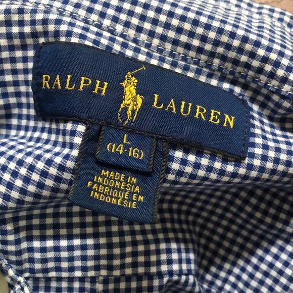 Ralph Lauren Boys' Gingham Button-Down Shirt and collar. Large 14-16.  Navy Blue - Picture 6 of 6